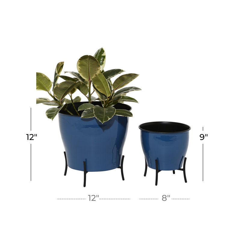Blue Solid Round Metal Planter Set, 9" and 12"H with Gold X-Stands