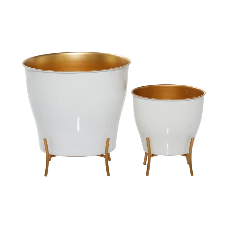 Farmhouse Chic White & Gold Metal Planters with X-Shaped Stand, Set of 2