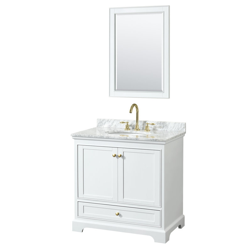 Deborah 36'' White Single Bathroom Vanity with Carrara Marble Top and Gold Trim