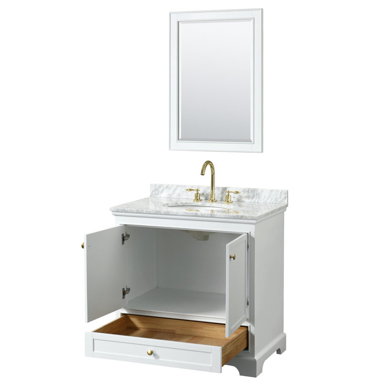 Deborah 36'' White Single Bathroom Vanity with Carrara Marble Top and Gold Trim