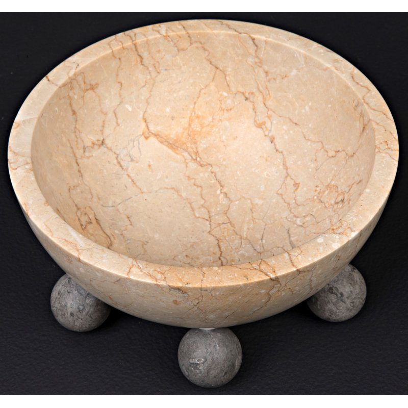 Handmade Beige Marble Decorative Bowl with Gray Spheres