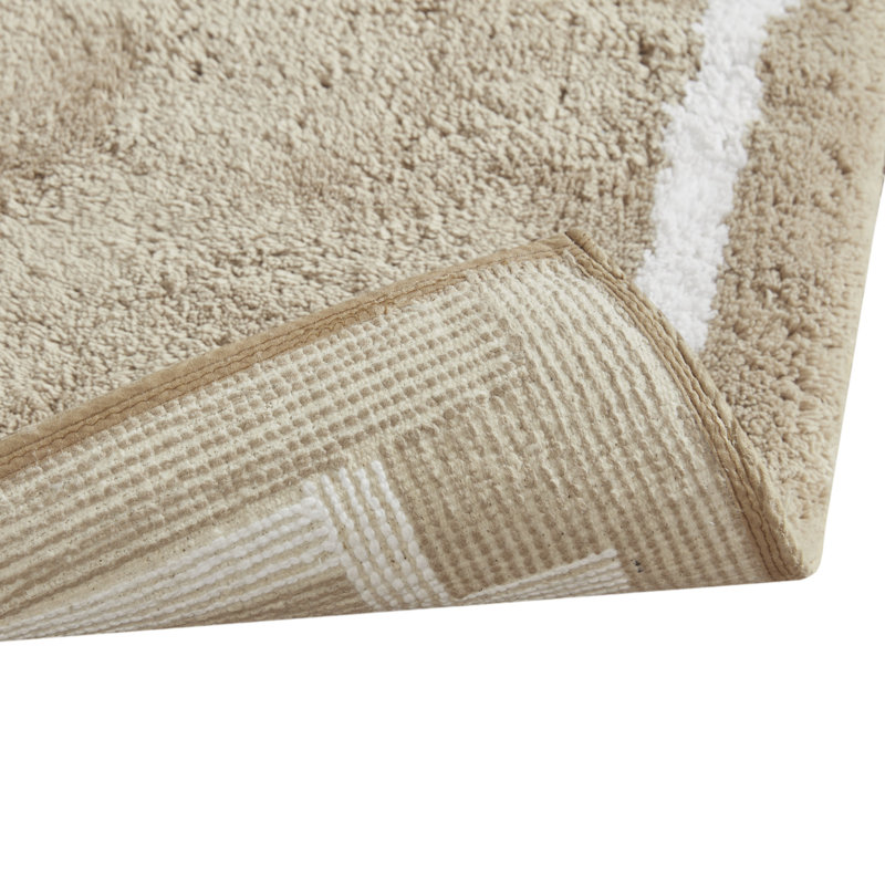 Beige Cotton Tufted Geometric Border Bath Rug