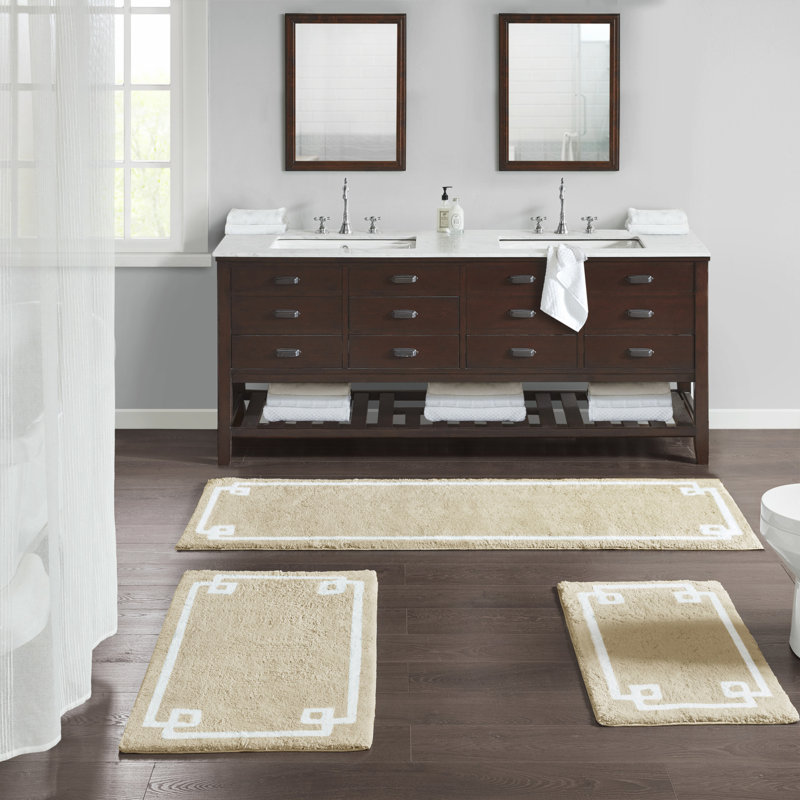 Beige Cotton Tufted Geometric Border Bath Rug