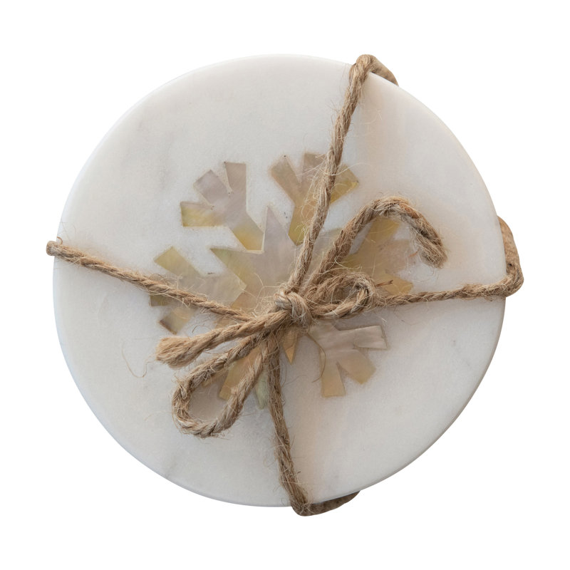 White Marble and Mother of Pearl Snowflake Coasters, Set of 4