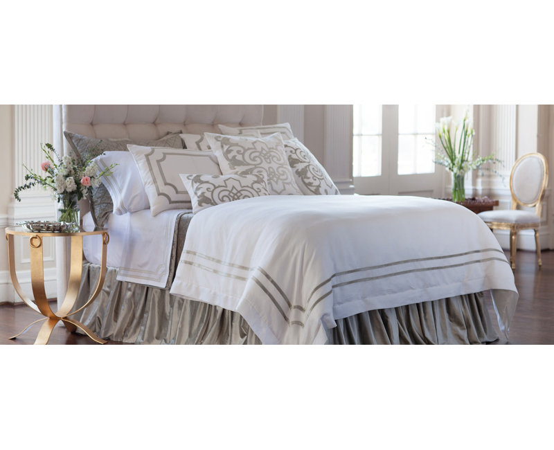Ice Silver and White Linen Appliqued Square Throw Pillow