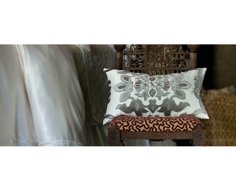 Ivory and Silver Appliqued Rectangular Throw Pillow