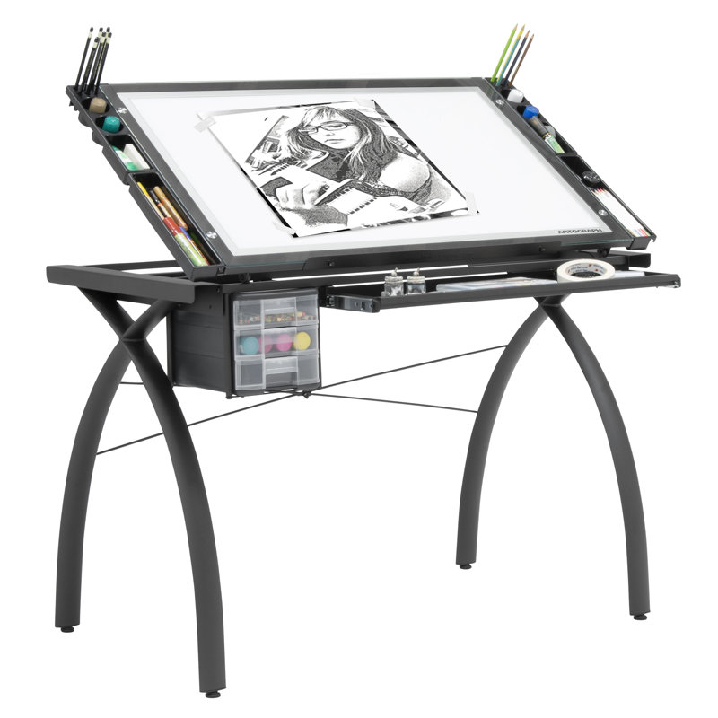 Agustina 43.25'' Brown Glass Top Adjustable Light Desk with Metal Base