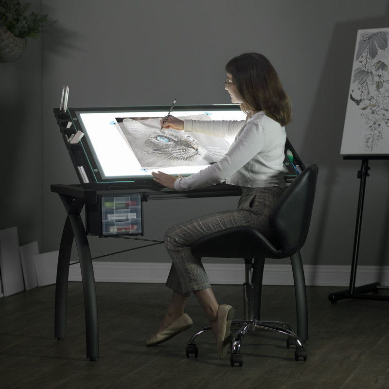 Agustina 43.25'' Brown Glass Top Adjustable Light Desk with Metal Base
