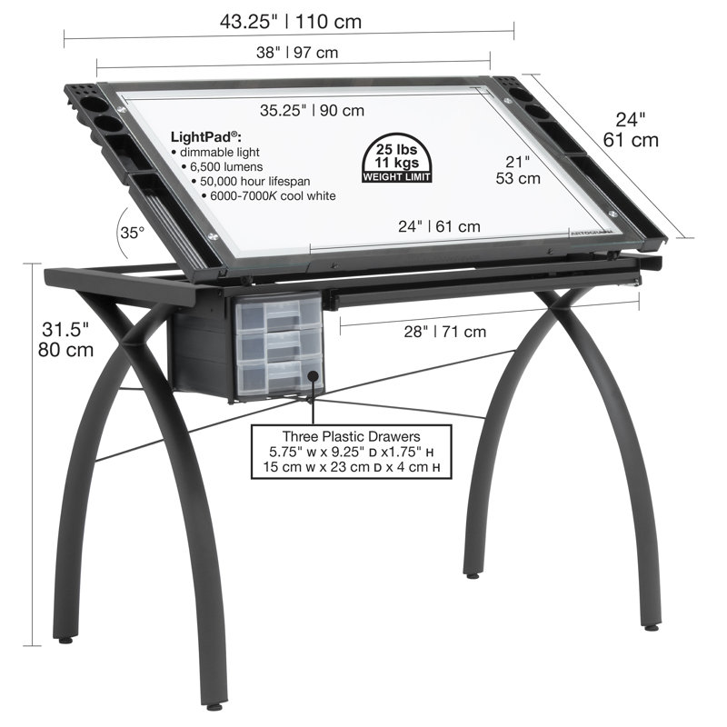 Agustina 43.25'' Brown Glass Top Adjustable Light Desk with Metal Base
