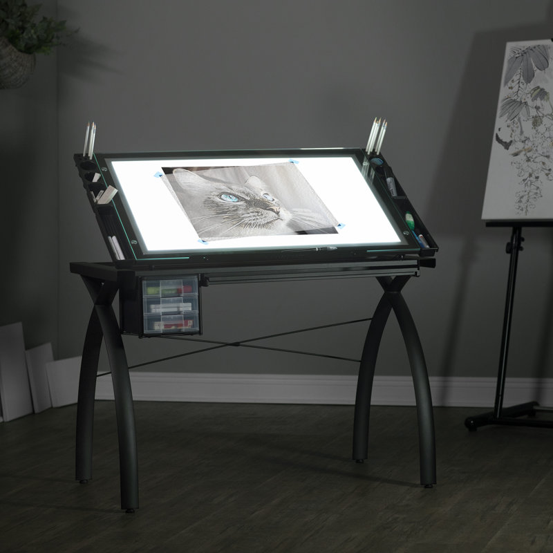 Agustina 43.25'' Brown Glass Top Adjustable Light Desk with Metal Base