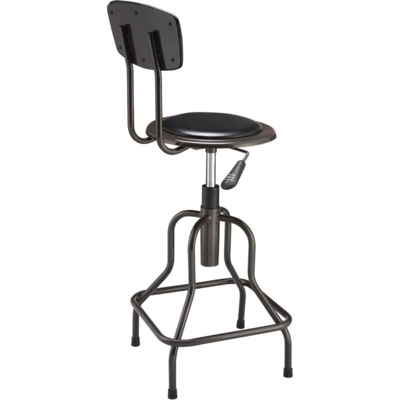 Charcoal Gray Steel Industrial Stool with Black Vinyl Backrest