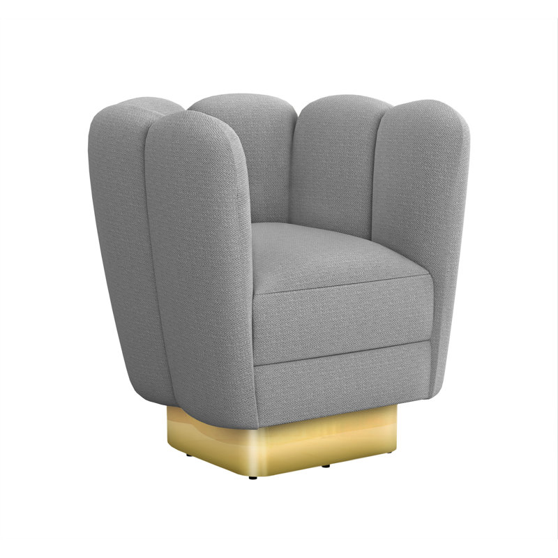 Gray Faux Linen Swivel Barrel Chair with Brass Base