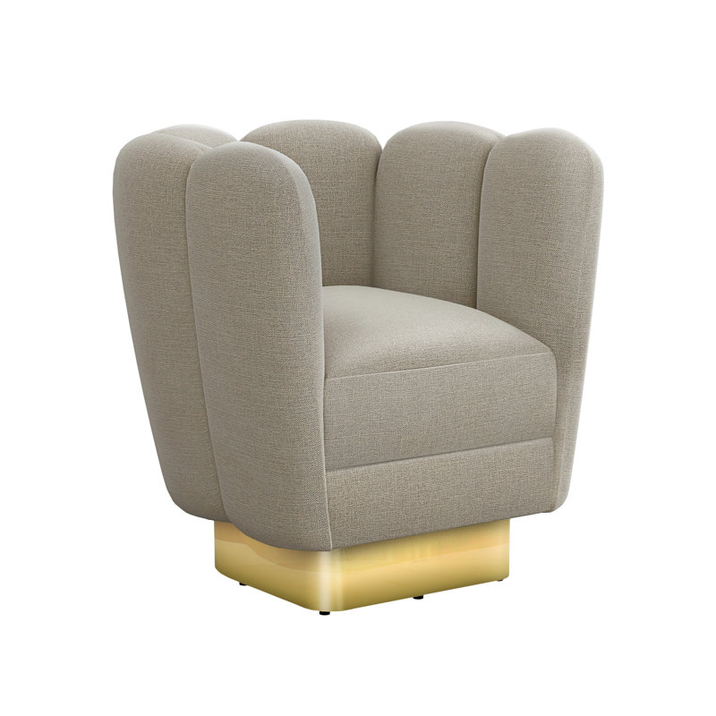 Gray Faux Linen Swivel Barrel Chair with Brass Base