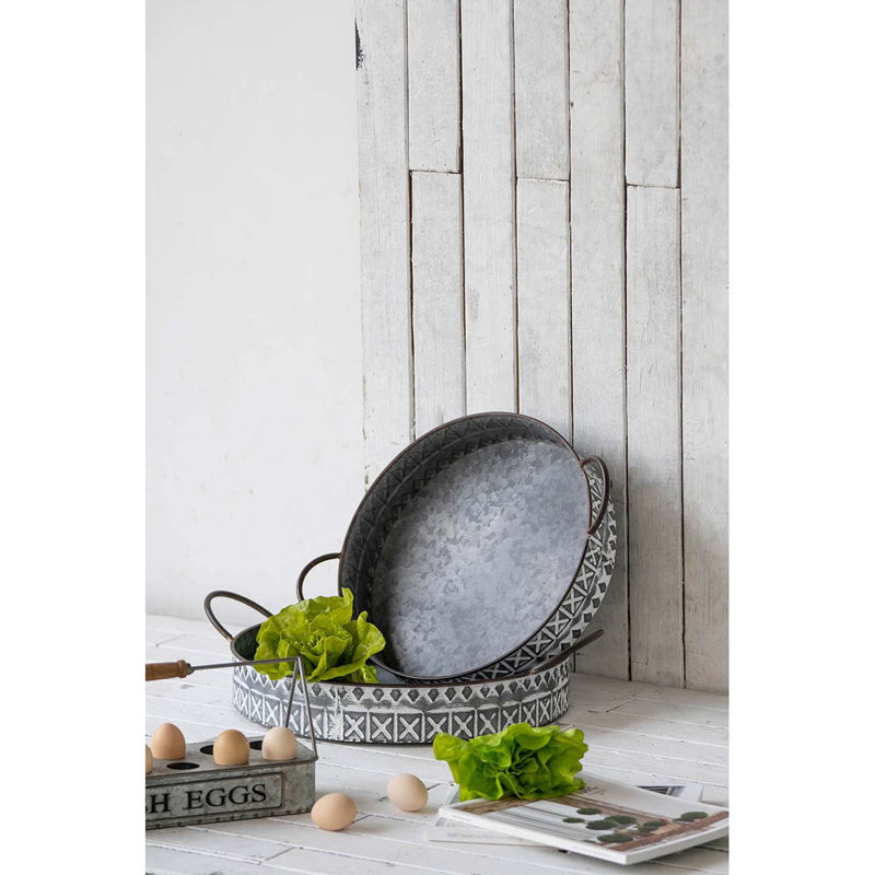 Gray and White Iron Round Trays with Handles - Set of 2