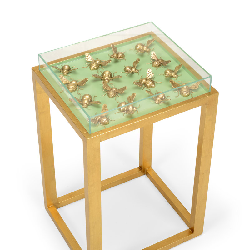 Flutter Satin Gold Metal & Glass Display End Table with 3D Bees - Pistachio