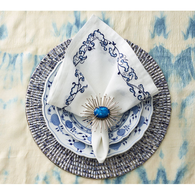 White and Navy Embroidered Linen Napkin Set