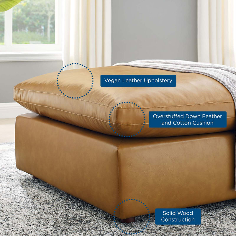 Plush Overstuffed Tan Vegan Leather Ottoman