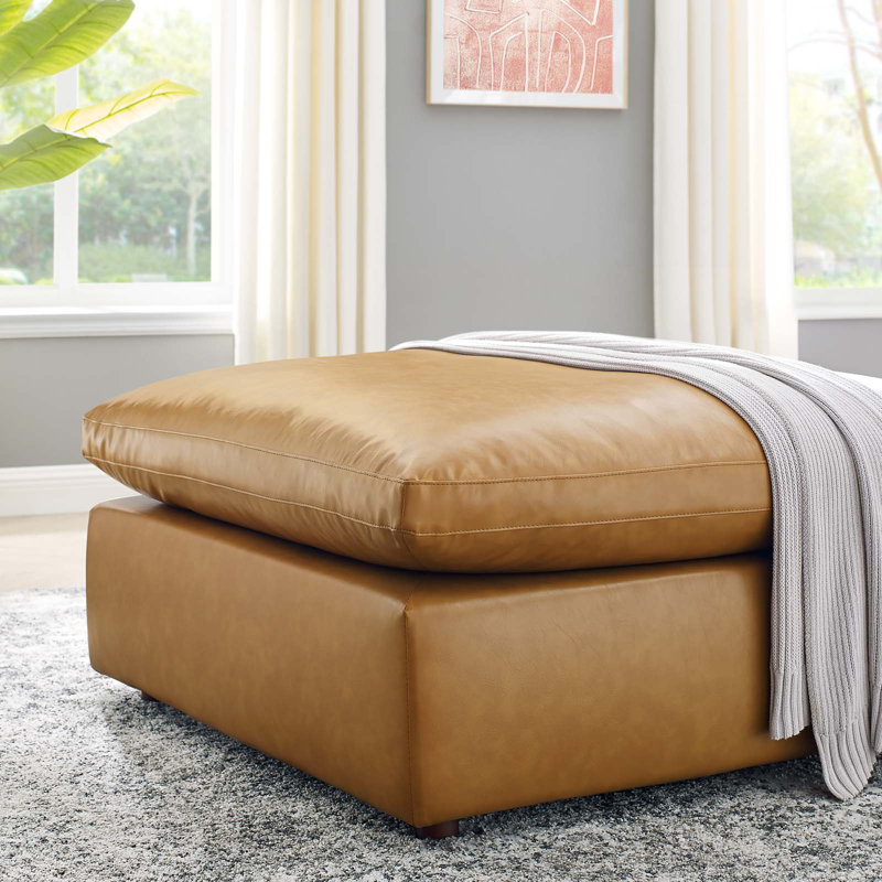 Plush Overstuffed Tan Vegan Leather Ottoman