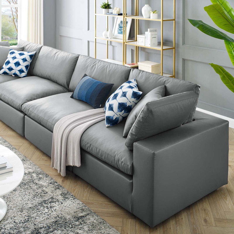 Gray Faux Leather Four Piece Sofa with Down Fill Cushions