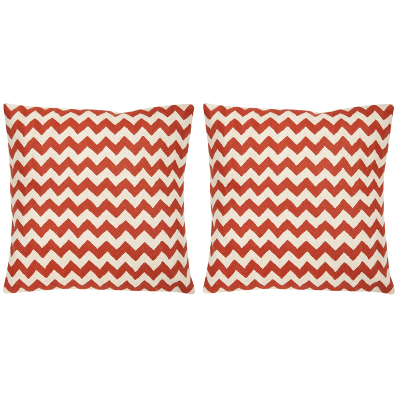 Orange and White Zig-Zag Embroidered Square Throw Pillows, Set of 2