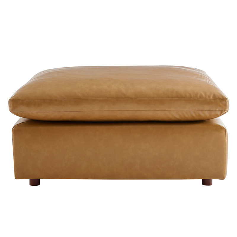 Plush Overstuffed Tan Vegan Leather Ottoman