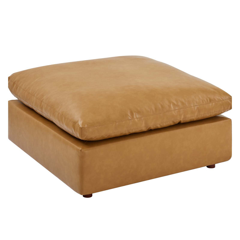 Plush Overstuffed Tan Vegan Leather Ottoman