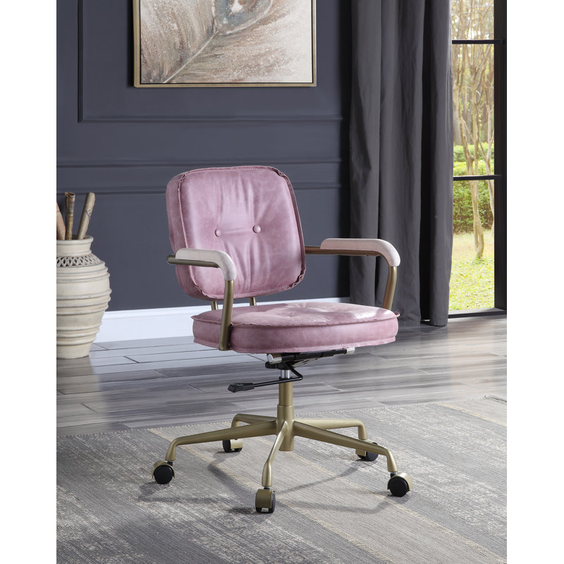 Sophisticated Pink Leather Swivel Task Chair with Gold Metal Base