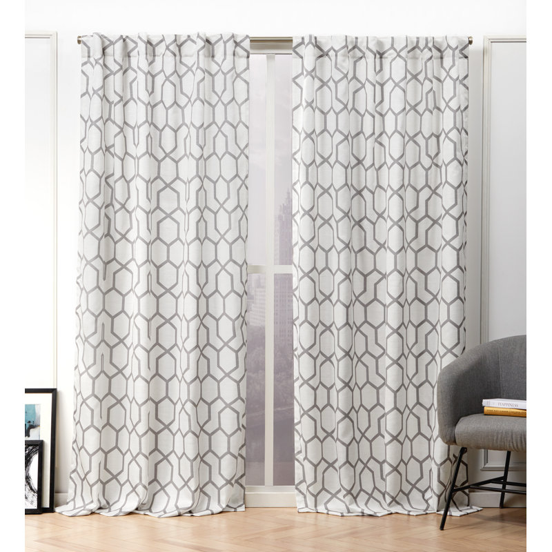 Dove Grey Geometric Print Light-Filtering Linen Blend Curtain Panel Pair
