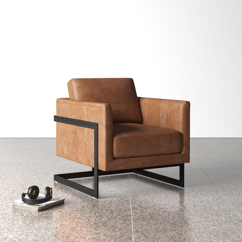 Cappuccino Genuine Leather Armchair with Metal Base
