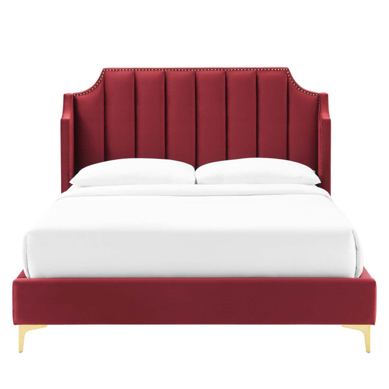 Maroon Velvet Queen Platform Bed with Tufted Headboard