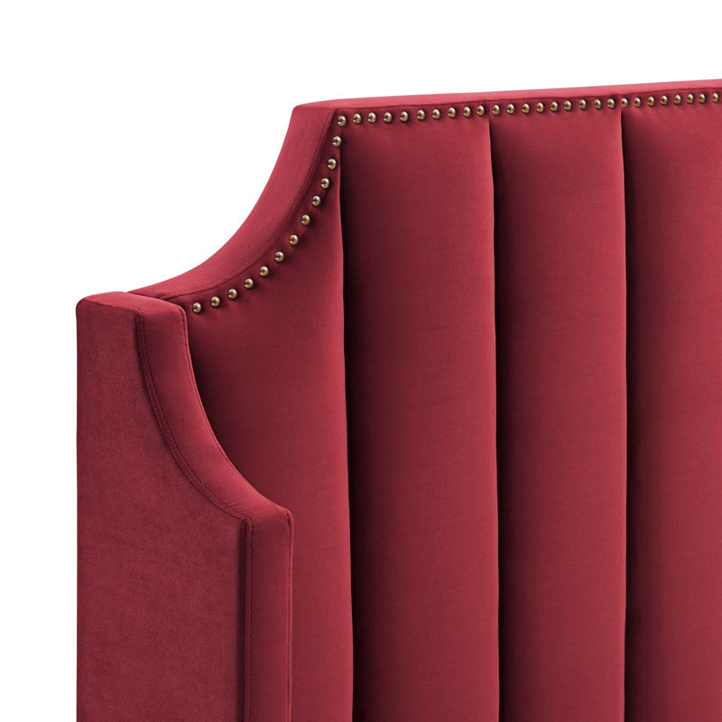 Maroon Velvet Queen Platform Bed with Tufted Headboard