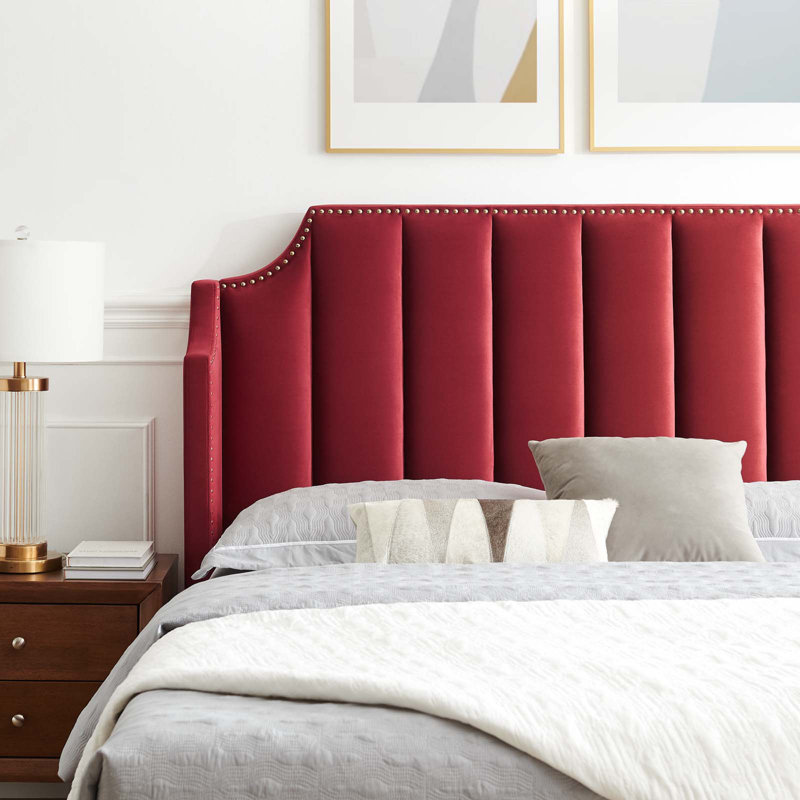 Maroon Velvet Queen Platform Bed with Tufted Headboard