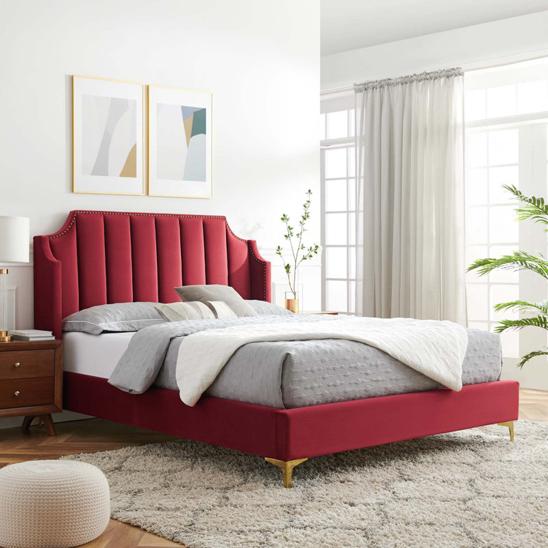 Maroon Velvet Queen Platform Bed with Tufted Headboard