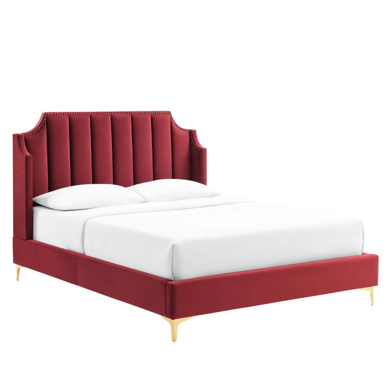 Maroon Velvet Queen Platform Bed with Tufted Headboard
