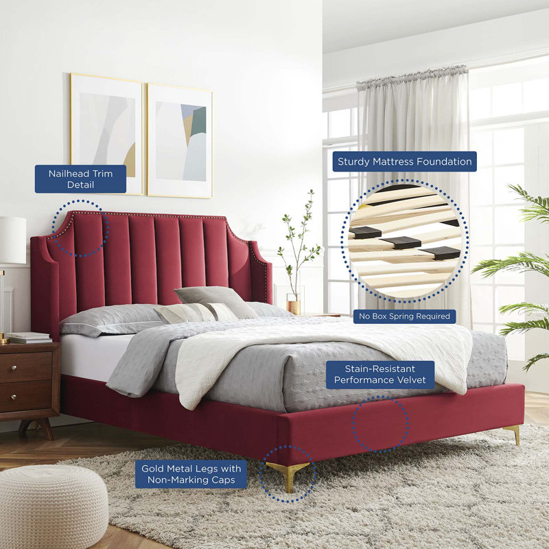 Maroon Velvet Queen Platform Bed with Tufted Headboard