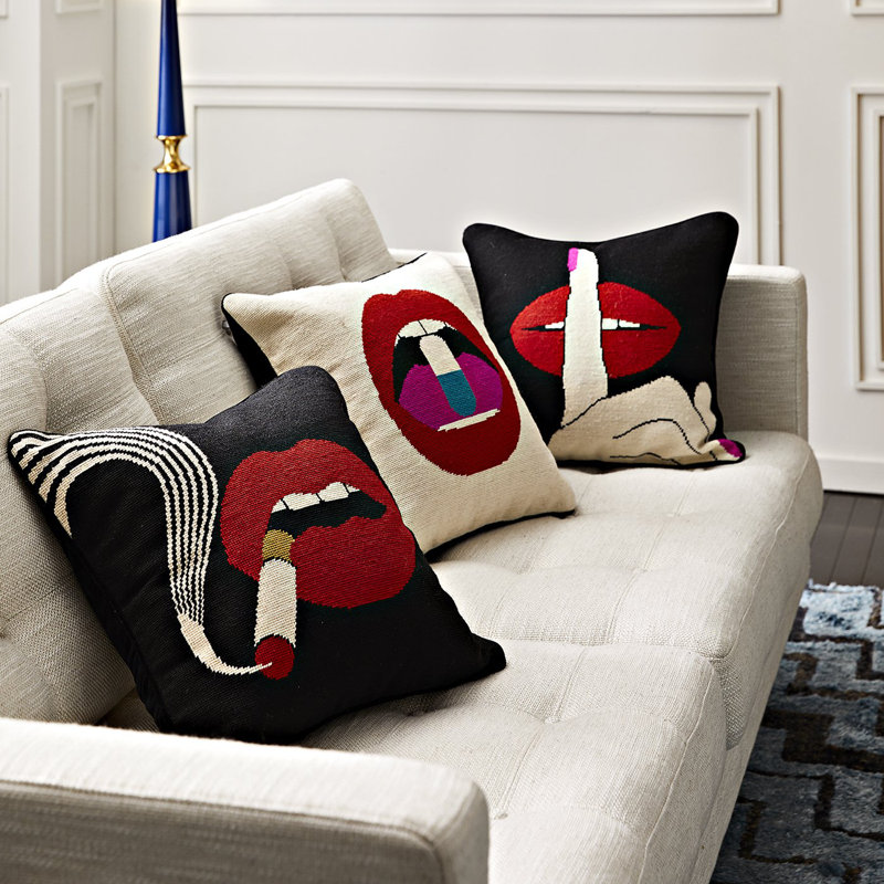 Bold Red Lips Embroidered Wool Square Throw Pillow