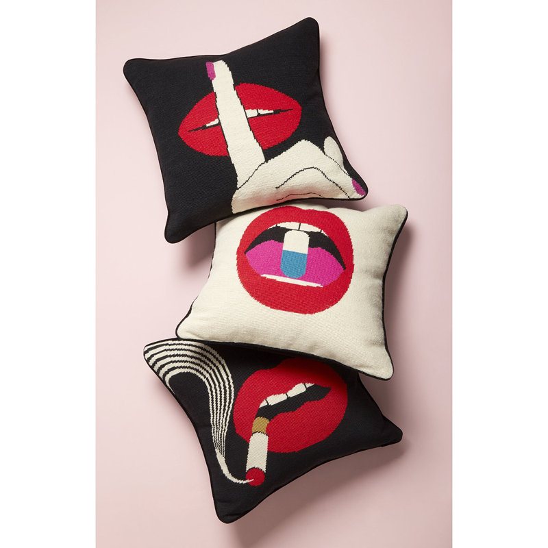 Bold Red Lips Embroidered Wool Square Throw Pillow