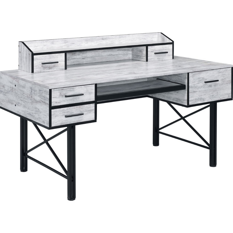 Industrial Black Computer Desk with Adjustable Hutch and Keyboard Tray