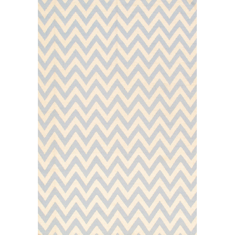 Ivory and Blue Chevron Flatweave Wool Rug, 6' x 9'
