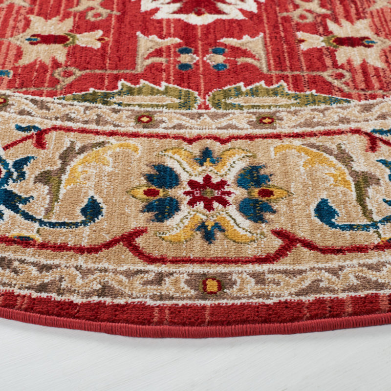 Hand-Knotted Red Floral Synthetic Square Rug 79" x 79"