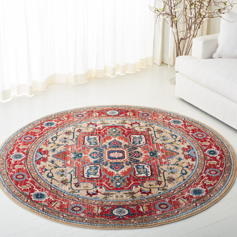 Hand-Knotted Red and Beige Round Synthetic Rug