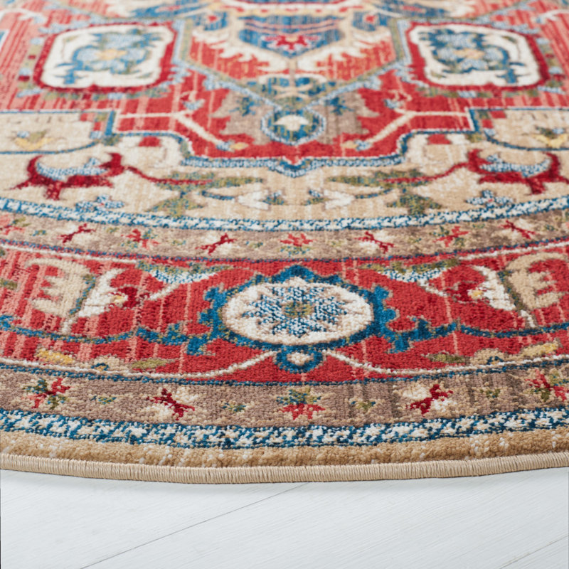 Hand-Knotted Red and Beige Round Synthetic Rug