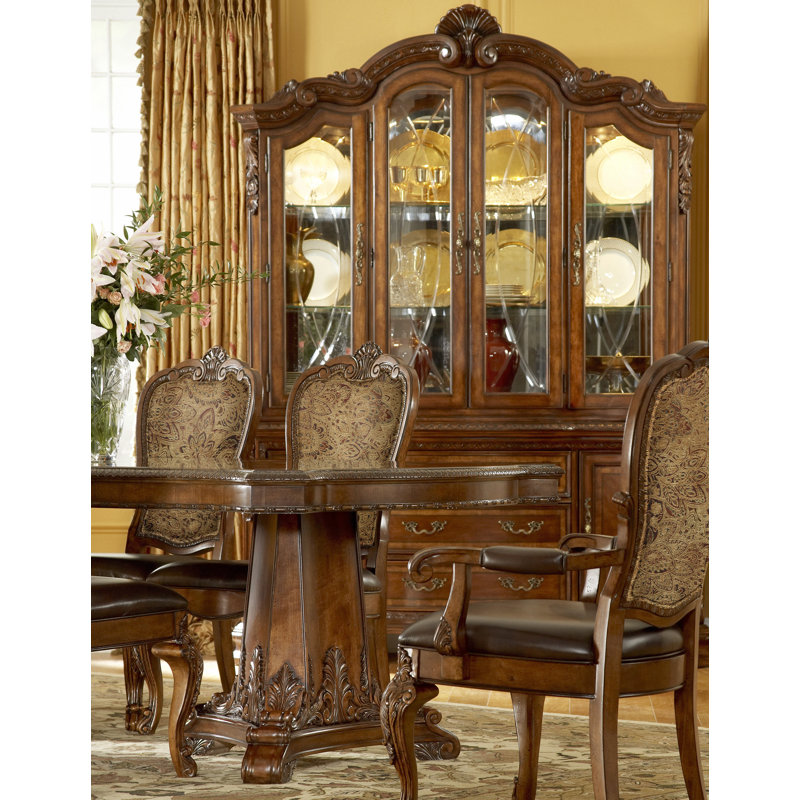 Traditional Brown Leather and Wood Upholstered Side Chair