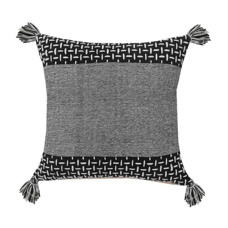 LR Home Interwoven Dash 20" Square Black/White Cotton Throw Pillow with Tassels