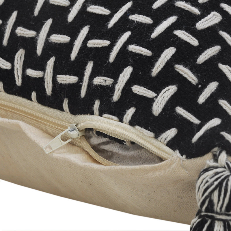 LR Home Interwoven Dash 20" Square Black/White Cotton Throw Pillow with Tassels