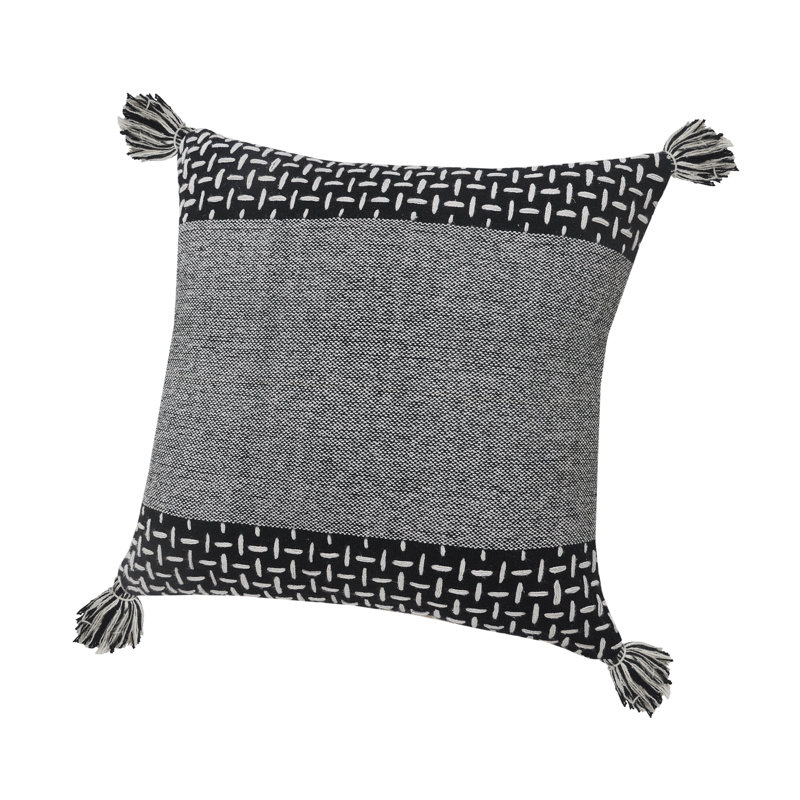 LR Home Interwoven Dash 20" Square Black/White Cotton Throw Pillow with Tassels