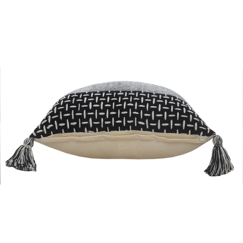 LR Home Interwoven Dash 20" Square Black/White Cotton Throw Pillow with Tassels
