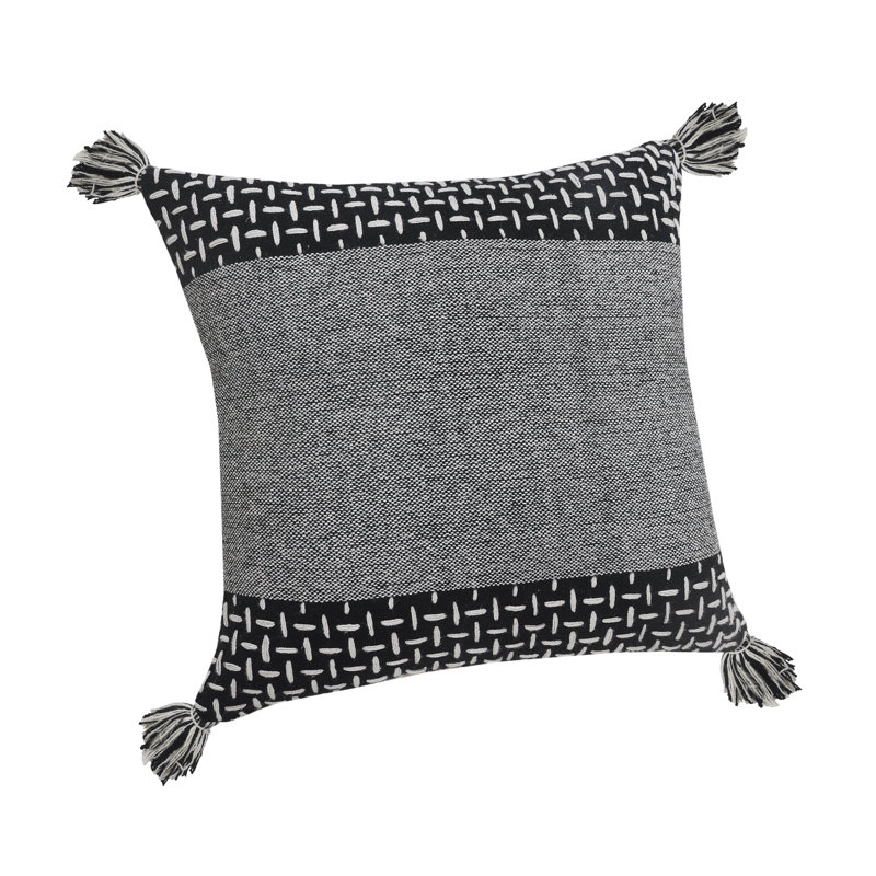 LR Home Interwoven Dash 20" Square Black/White Cotton Throw Pillow with Tassels
