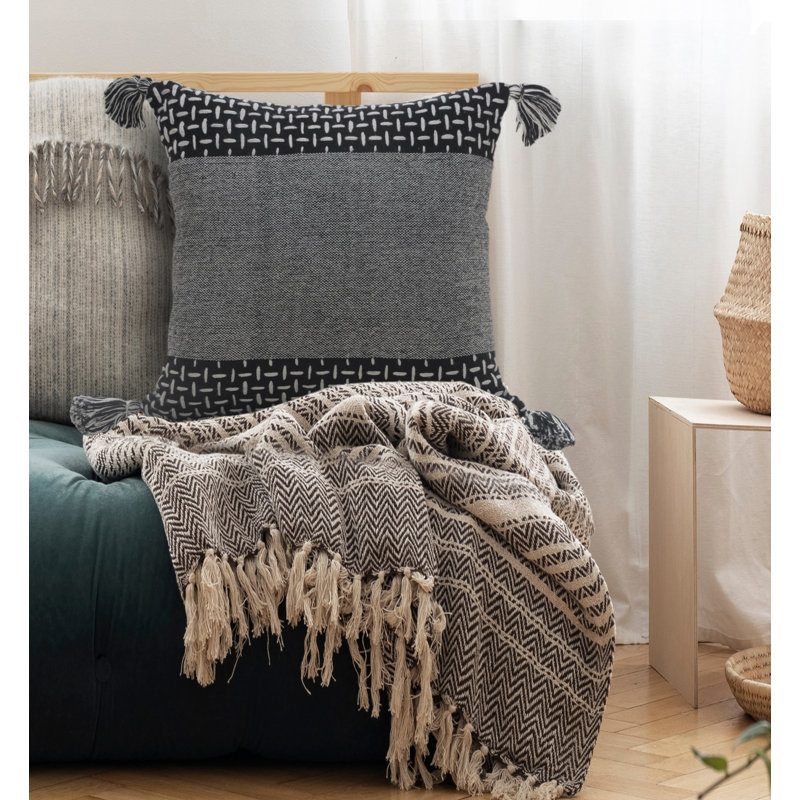 LR Home Interwoven Dash 20" Square Black/White Cotton Throw Pillow with Tassels