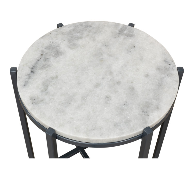 Contemporary Black Stone and Metal Round Side Table, 16"